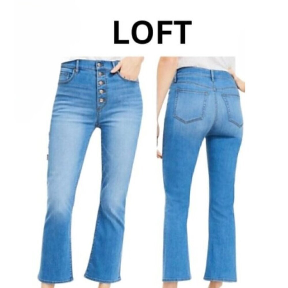 Loft Exposed Button Front High Rise Mini Flare Kick Crop Raw Hem Size 27/4